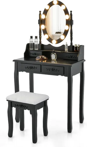 GOFLAME Juego de mesa de tocador con espejo giratorio iluminado, tocador con luces de 3 colores y brillo ajustable, escritorio de maquillaje con