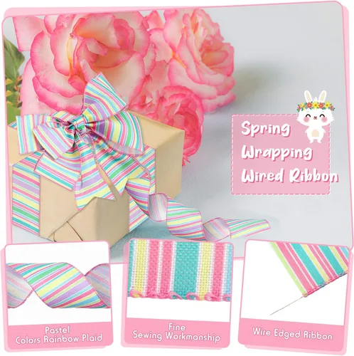 Miniatura 3 de Dingion 2 rollos de 20 yardas de cinta con alambre de resorte pastel con alambre de rayas con borde de cinta horizontal, lienzo de primavera