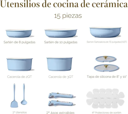 Miniatura 2 de CAROTE Juego de utensilios de cocina de cerámica de 15 piezas, juego de ollas y sartenes antiadherentes, juego de cocina de cocina con mango Azul