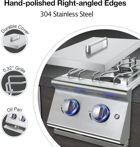 Miniatura 4 de Livory Quemadores Laterales Dobles de Parrilla para Cocina al Aire Libre, 2 Quemadores de Propano Líquido de 15,000 BTU, Acero Inoxidable 304