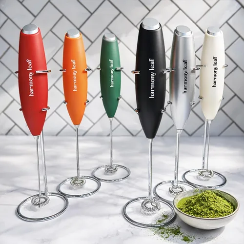 Miniatura 5 de Harmony Leaf Espumador de leche de mano, mezclador eléctrico de bebidas de acero inoxidable con soporte, espumador de café a pilas para lattes
