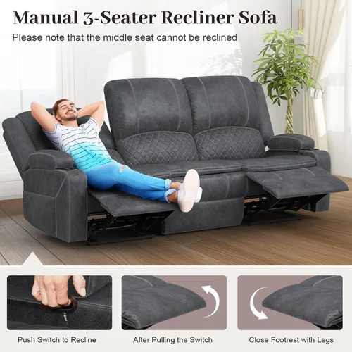 Miniatura 8 de Yolsali Sofá reclinable de 3 plazas, sofá reclinable manual con asiento central multifuncional, sofá reclinable para sala de estar con espacio