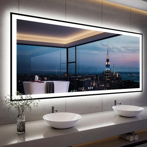 Miniatura 44 de ISKM Espejo LED con marco para baño de 55"x36", espejo de baño LED regulable con luces, antivaho, espejo iluminado frontal y retroiluminado de 3