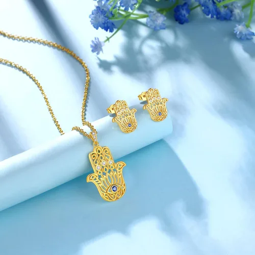 Miniatura 3 de Anillo de ojo malvado de Hamsa Mano de Fátima con diseño de loto de yoga, pendientes y colgante de plata de ley 925, oro de 18 quilates, chapado