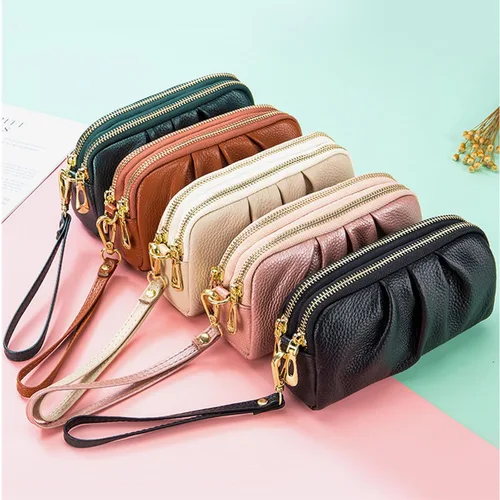 Miniatura 6 de Billeteras de pulsera para mujer, de piel auténtica, monederos fruncidos para mujer, cartera de mano