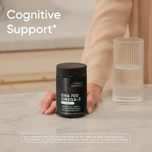 Miniatura 6 de Sports Research® DHA vegano 700mg – Apoyo cognitivo, apoyo cerebral, suplemento con Omega-3 DHA de aceite de algas – Certificado vegano · Sin OMG ·