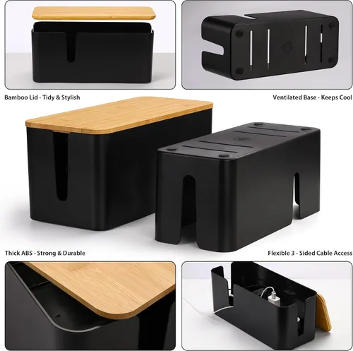 Miniatura 4 de ZhiYo Caja Organizadora de Cables con Tapa de Bambú, Caja de Gestión de Cables ABS Segura para TV y Computadora, Cubierta de Madera Ocultador