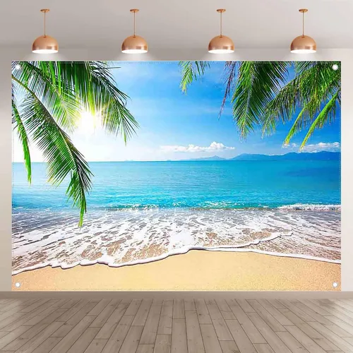 Miniatura 2 de Telón de fondo de tela de 7 x 5 pies para fotografía de playa de Hawaii, fondo de palmeras tropicales, Luau Aloha, baby shower, decoración