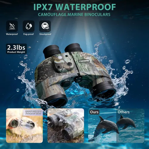 Miniatura 4 de Binoculares marinos HD 10 x 50 con adaptador de teléfono de brújula telémetro, lente multicapa BAK4, resistente armadura militar IPX7, binocular