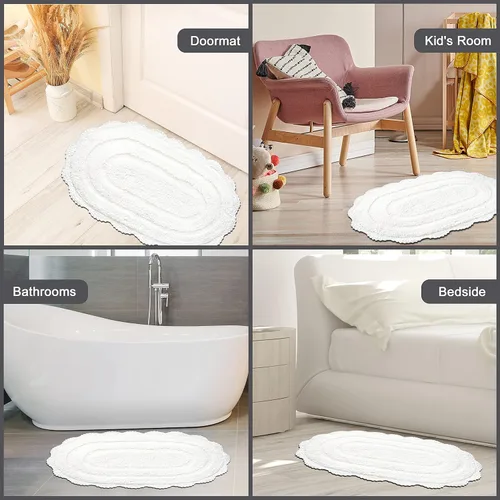 Miniatura 7 de Chardin home Alfombra de baño de ganchillo blanco, 100% algodón ovalada con borde de ganchillo artesanal hecho a mano, 21 x 34 pulgadas, alfombra