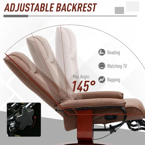 Miniatura 4 de HOMCOM Sillón reclinable manual de piel sintética, silla de salón ajustable con reposapiés, apoyabrazos y base de madera envuelta para sala de Marrón