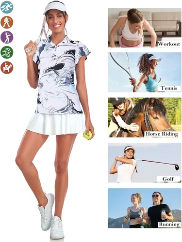 Miniatura 5 de Tanst Sky Polo de golf para mujer, con cremallera de 14, volantes, manga corta, secado rápido, para entrenamiento