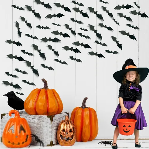 Miniatura 5 de 80 piezas de decoración de pared de murciélagos de Halloween, calcomanías de murciélago 3D de PVC, negro, estilo gótico, impermeable, uso