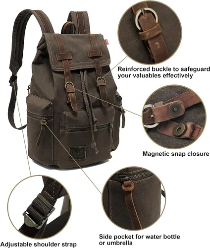 Miniatura 3 de HuaChen Mochila de viaje de lona vintage con ribete de cuero, funda acolchada para laptop, bolsillo de seguridad trasero oculto, se adapta a 14