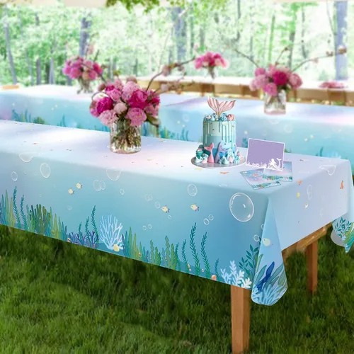 Miniatura 5 de Mantel de tela bajo el mar de 9 x 5 pies, funda de mesa de sirena para decoración de fiesta de cumpleaños bajo el mar, decoración de fiesta