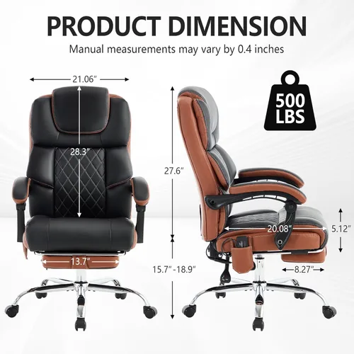 Miniatura 3 de Silla de oficina de masaje de 6 puntos, 500 libras con reposapiés, silla de escritorio reclinable de cuero con calor por vibración, sillas Negro