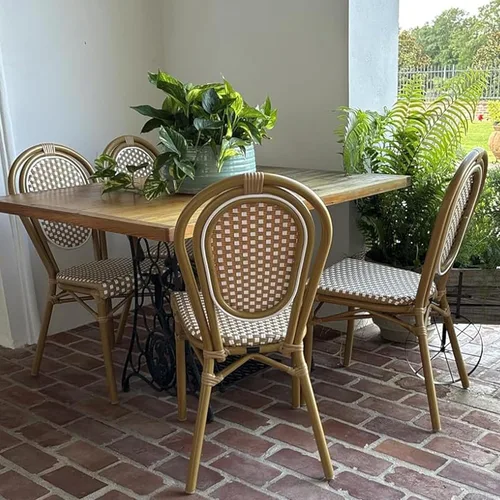 Miniatura 16 de PURPLE LEAF Juego de 1 silla de comedor al aire libre, marco de aluminio francés en acabado de bambú con ratán tejido ámbar y blanco para cocina
