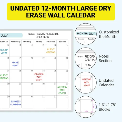 Miniatura 4 de Calendario de borrado en seco para pared, calendario de pared anual de borrado en seco, 34 x 58 pulgadas, calendario en blanco sin fecha de 12
