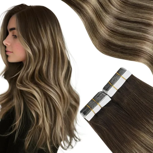 Miniatura 10 de Moresoo Extensiones adhesivas de cabello humano degradado, balayage, mezcla de marrón oscuro con extensiones de color marrón medio, extensiones