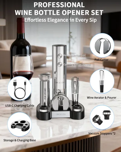 Miniatura 5 de CIRCLE JOY Juego de abridor eléctrico de botellas de vino de acero inoxidable, recargable, 8 en 1, juego de regalo de vino con base de carga, Plata