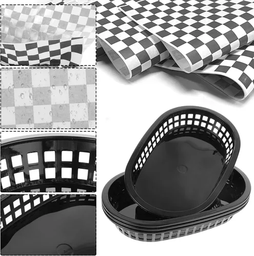 Miniatura 3 de Rainmae Cestas de plástico para alimentos con forros de papel pergamino, 12 cestas de comida rápida con 100 hojas de papel de delicatessen, cesta