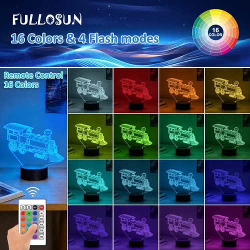 Miniatura 2 de FULLOSUN - Luz nocturna de tren, lámpara de ilusión 3D para niños, 16 colores que cambian con función de atenuación y control remoto, regalos