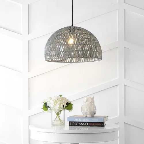 Miniatura 3 de JONATHAN Y Lámpara colgante LED de cuerda tejida bohemia moderna gris de 20 pulgadas, lámpara de techo de cúpula ajustable para isla de cocina