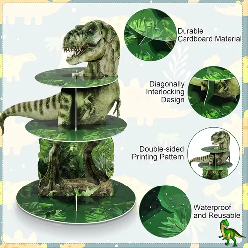 Miniatura 4 de Censen Soporte para cupcakes de dinosaurio de 3 niveles, decoración de fiesta, 24 piezas, figuras de dinosaurio, juguetes para cupcakes, torre