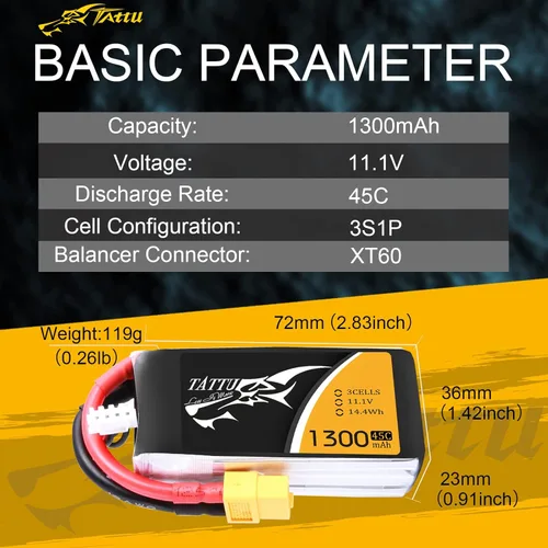 Miniatura 2 de Paquete Tattu, Batería Lipo, 1300 mAh 45C 3S 11.1 V con XT60 enchufe para coche, barco, camión y avión Heli