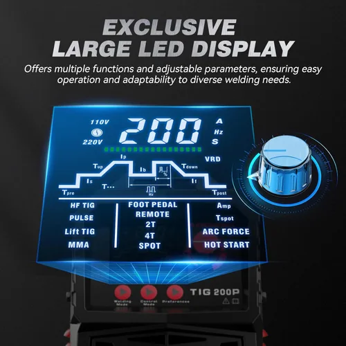 Miniatura 2 de ARCCAPTAIN DC 5 en 1 Soldador TIG con pulso, 200Amp DC 5 en 1 HF/Lift/Pulse/Spot TIG & Stick, 110V/220v Pantalla digital LED de doble voltaje