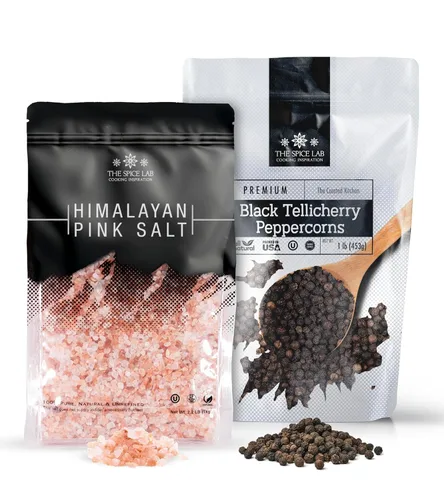 The Spice Lab Paquete de regalo de combinación de sal rosada del Himalaya y pimienta (sal gruesa + bolsas de pimienta)