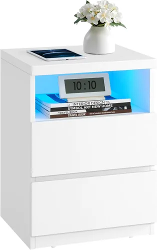 VASAGLE Mesita de noche con luz LED ajustable, mesita de noche con cajones, mesa auxiliar, para dormitorio, estilo minimalista moderno, color blanco