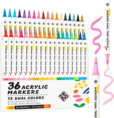ZENO 36 Marcadores de doble punta tipo pincel, tinta acrílica a base de agua, bolígrafos de doble color para colorear (72 colores), manualidades,