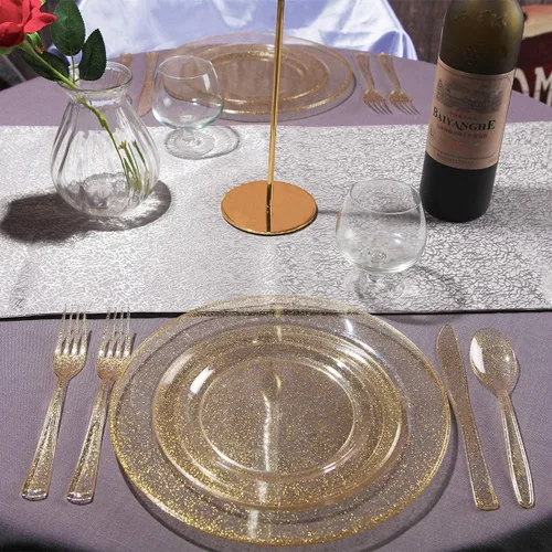 Miniatura 3 de I00000 150 PIEZAS Platos Desechables Dorados Cubiertos, Juego de Vajilla con Purpurina Dorada Incluye 25 Platos de Cena 10.25'', 25 Platos de Postre