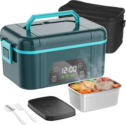 Fiambrera eléctrica inalámbrica para adultos, 5.5 tazas recargable, con calefacción automática, calentador de alimentos con función de memoria y Azul