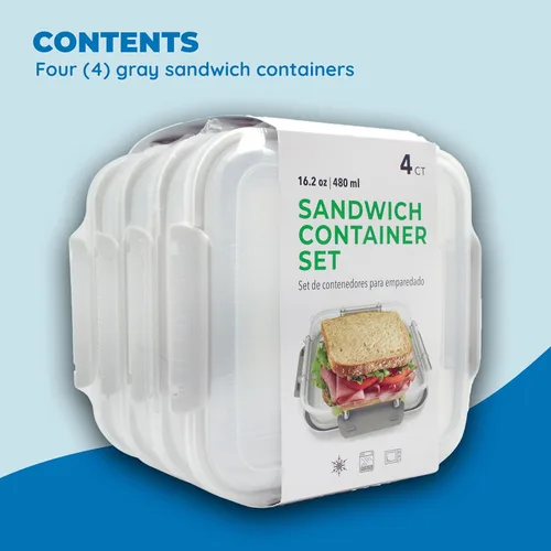 Miniatura 2 de Contenedor de sándwich: 4 unidades reutilizables, sin BPA, almacenamiento de alimentos de plástico con tapa a presión a prueba de fugas