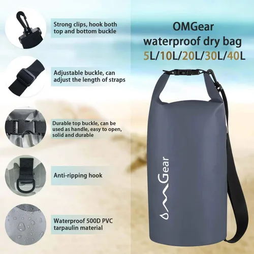 Miniatura 3 de OMGear - Bolsa seca impermeable y bolsa para teléfono, bolsa flotante de 40L/30L/20L/10L/5L para kayak, navegación, actividades al aire libre Gris