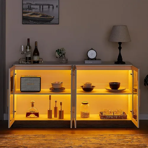 Miniatura 7 de AMERLIFE Aparador Buffet Gabinete, Gabinete de Acento de Color Mixto con Luces LED, Gabinetes de Almacenamiento Modernos con Puertas de Vidrio