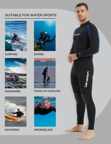 Miniatura 6 de Trajes de neopreno Lemorecn para hombre de 3/2 mm, traje de buceo de cuerpo entero Hombres 0.118 in Negro+Azul