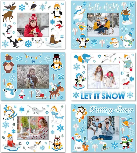 Capoda Paquete de 24 kits de manualidades de imágenes de invierno, marcos de fotos de papel de nieve para niños, marcos de fotos de nieve para