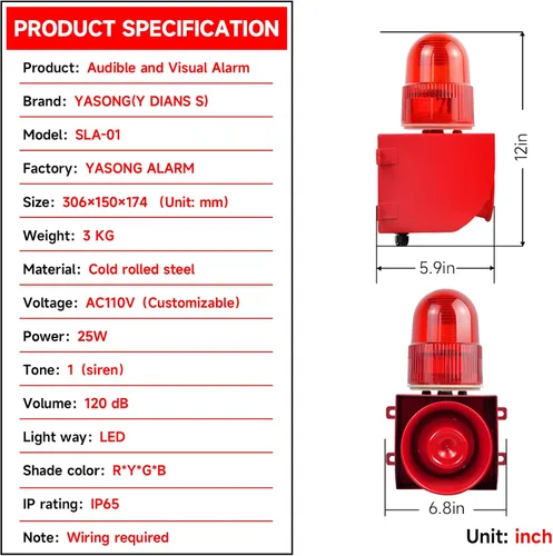 Miniatura 5 de Alarma industrial de sonido y luz - LED estroboscópica luz de advertencia cuerno fuerte sirena de seguridad al aire libre 25W 120dB DC12V