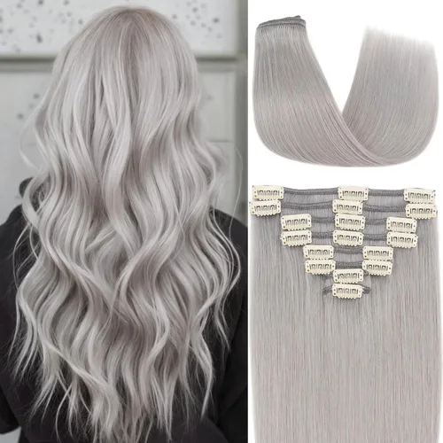 Miniatura 9 de S-noilite Extensiones de cabello humano con broches, extensiones de cabello humano corto con clip, trama estándar, 8 piezas, 18 clips, cabello