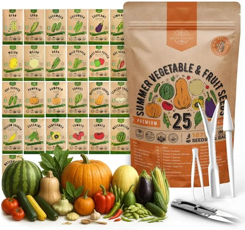 Paquete de variedad de 25 semillas de vegetales y frutas de verano - más de 1,870 semillas autóctonas sin OMG para jardinería en interiores y