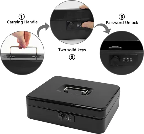 Miniatura 6 de Caja de efectivo de acero seguro con cerradura de combinación y bandeja extraíble, organizador de dinero de metal para uso doméstico y oficina Negro