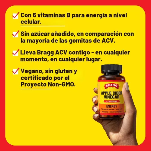 Miniatura 3 de Bragg Energy Cápsulas de vinagre de sidra de manzana con vitaminas B-12, 90 cápsulas, control de peso, sin OMG, vegano, sin gluten, sin azúcar