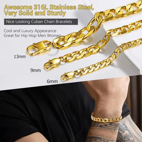 Miniatura 3 de PROSTEEL Pulsera de eslabones cubanos para hombre, negrooro de 18 quilates, acero inoxidable 316L, joyería de hip hop, ancho 0.236 in0.354 in0.512
