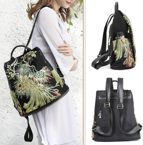 Miniatura 4 de Bolso bordado de la mochila de las mujeres, bolso antirrobo de la mochila del viaje de la lona de la moda, Bordado con purpurina, Mochilas de mochila