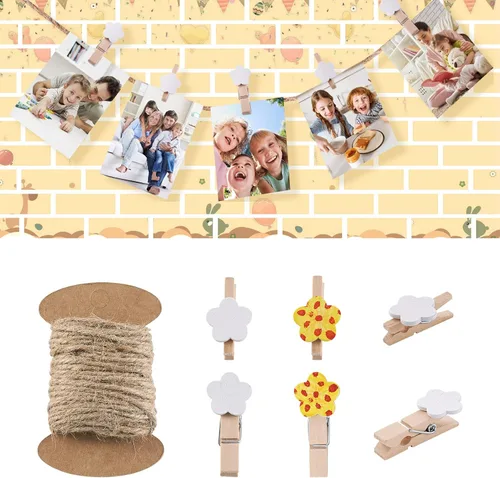 Pandahall - 100 pinzas de flores blancas para papel fotográfico de madera, clips de injerto con cordel de yute natural de 10.93 yardas para Flor