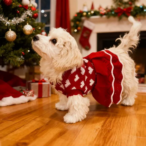 Miniatura 2 de Suéteres para Perros Pequeños para Niñas Rojos de Invierno, Ropa Cálida para Perros, Vestido de Navidad para Perros, Traje de Día, Ropa