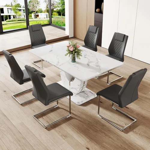 Miniatura 8 de JUFU Juego de mesa de comedor de 7 piezas para 6, mesa de cocina de mármol sintético blanco de 63 pulgadas con 6 sillas voladizas tapizadas, juego